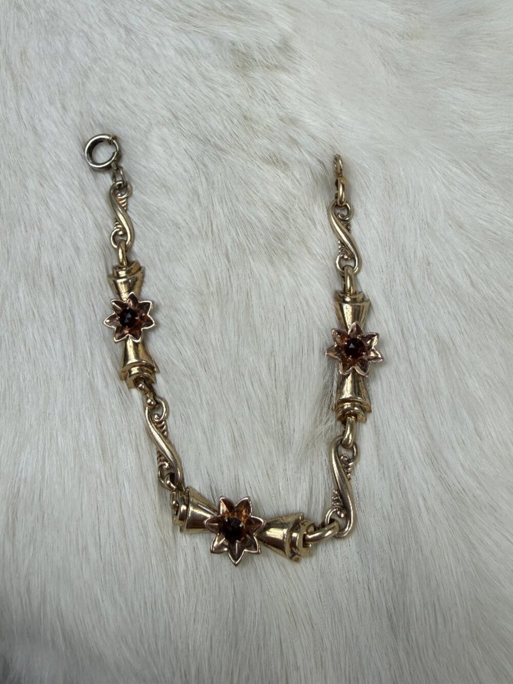 Vintage Harry Iskin 1/20 10K Gold Filled Link Bracelet Flower Red Rhinestone